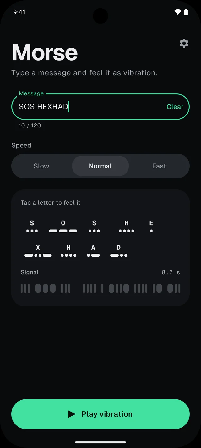Morse Code with SOS HEXHAD typed: each letter shown as dots and dashes above the signal waveform